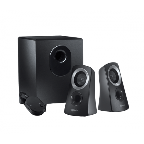 SPEAKER LOGITECH Z311-500x500 Logitech Z313 2.1 multimedia computer speaker system showing its twin compact satellite speakers, compact down firing wooden subwoofer unit, and integrated wired volume control pod module lines