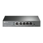 TP-Link TL-R470T+ 5-Port Multi-WAN Load Balance Broadband Router in black steel desktop design featuring multiple ethernet ports