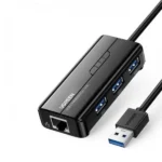 UGREEN 20265 USB 3.0 Hub premium high capacity heavy duty 1000Mbps portable fast data transfer network hub block showing clean black minimalist vertical housing body with three blue usb 3.0 terminal slot inserts and front face rj45 internet port arrangement view]