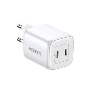 UGREEN 65154 45W Dual USB-C GaN Fast Charger EU showing its compact dark grey body, dual Type-C ports, and molded European round pins on a clean white background