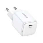 UGREEN 15324 Nexode 20W USB-C PD GaN Fast Charger ultra compact wall adapter showing its single Type-C interface, premium gray metallic exterior finish, and wall prongs on a clean white background