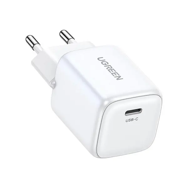 UGREEN 15324 Nexode 20W USB-C PD GaN Fast Charger ultra compact wall adapter showing its single Type-C interface, premium gray metallic exterior finish, and wall prongs on a clean white background