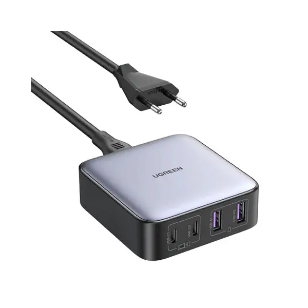 UGREEN 90747 Nexode 65W Desktop Charger EU multi port charging station showing its dual USB-C and dual USB-A interfaces, premium charcoal chassis layout, and long detachable AC power cord on a clean white background