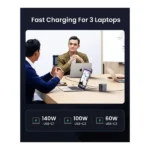 UGREEN 90903B Nexode 300W 5-Port PD GaN Fast Charger EU flagship desktop power hub showing its four USB-C interfaces, single USB-A port, premium space gray finish, and detachable AC power cord layout on a clean white background