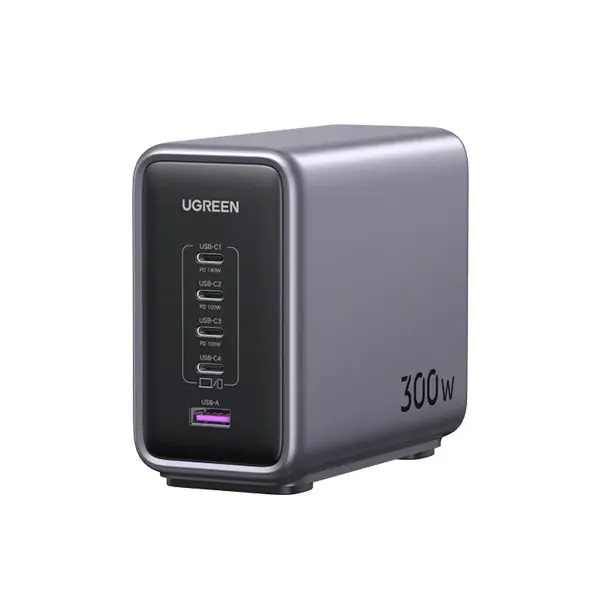 UGREEN 90903B Nexode 300W 5-Port PD GaN Fast Charger EU flagship desktop power hub showing its four USB-C interfaces, single USB-A port, premium space gray finish, and detachable AC power cord layout on a clean white background