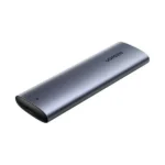 UGREEN 10903 M.2 NGFF SATA to USB-C SSD Enclosure in space gray aluminum, shown open alongside its 50cm USB-A to USB-C cable and mounting rubber fasteners