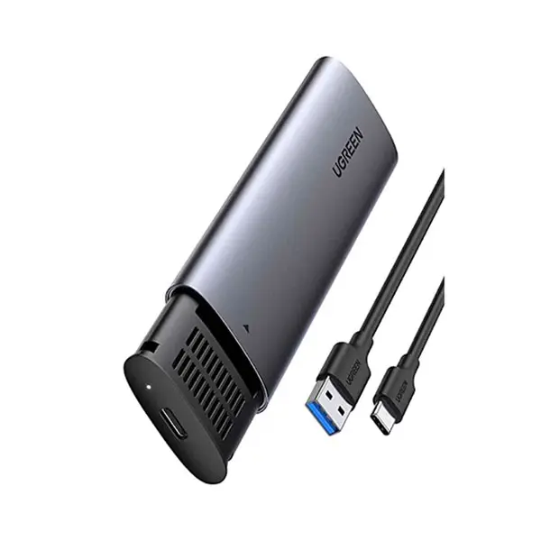 UGREEN 10903 M.2 NGFF SATA to USB-C SSD Enclosure in space gray aluminum, shown open alongside its 50cm USB-A to USB-C cable and mounting rubber fasteners