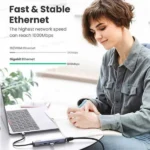 UGREEN CM418 USB-C Hub premium high capacity heavy duty 5-in-1 portable 4K HDMI fast charging laptop docking station block showing clean Space Gray aluminum minimalist housing body layout with side terminal input port slots and attached type-c cord wire view]