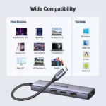 UGREEN 15596 USB-C Hub premium high capacity heavy duty 5-in-1 portable 4K HDMI fast charging laptop docking station block showing clean Space Gray aluminum minimalist housing body layout with side terminal input port slots and attached braided type-c cord wire view]