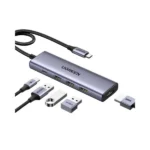 UGREEN 15596 USB-C Hub premium high capacity heavy duty 5-in-1 portable 4K HDMI fast charging laptop docking station block showing clean Space Gray aluminum minimalist housing body layout with side terminal input port slots and attached braided type-c cord wire view]