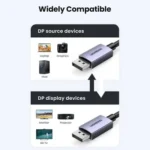 UGREEN 15383 DisplayPort 2.1 16K Male to Male 2m Cable showing its premium dark metallic gray aluminum alloy connector shells labeled with the UGREEN brand name, gold-plated DP plugs, and a rugged black and gray double nylon braided round wire layout