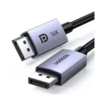 UGREEN 15383 DisplayPort 2.1 16K Male to Male 2m Cable showing its premium dark metallic gray aluminum alloy connector shells labeled with the UGREEN brand name, gold-plated DP plugs, and a rugged black and gray double nylon braided round wire layout