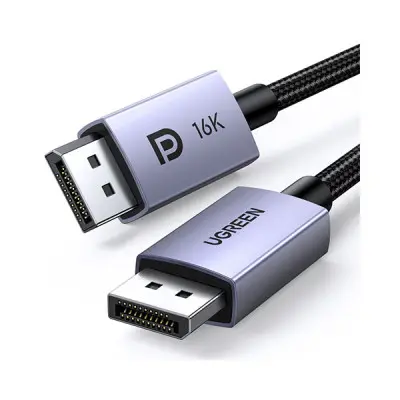 UGREEN 15383 DisplayPort 2.1 16K Male to Male 2m Cable showing its premium dark metallic gray aluminum alloy connector shells labeled with the UGREEN brand name, gold-plated DP plugs, and a rugged black and gray double nylon braided round wire layout