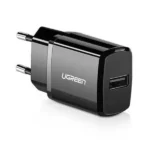 UGREEN ED011 50459 USB Wall Charger Black single port adapter showing its single USB-A output interface, standard round European EU pins, and premium matte black fireproof exterior finish layout on a clean white background