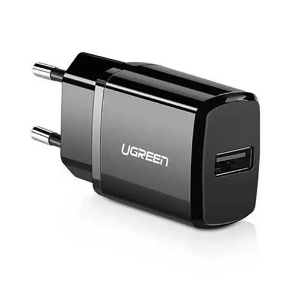 UGREEN ED011 USB Wall Charger-600x600 UGREEN ED011 50459 USB Wall Charger Black single port adapter showing its single USB-A output interface, standard round European EU pins, and premium matte black fireproof exterior finish layout on a clean white background