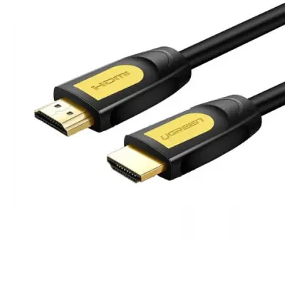 UGREEN 10128 HDMI 2.0 High-Speed 1.5m Cable showing its molded black connector shells with a bold yellow stripe accent line, gold-plated HDMI Type-A plugs, and a durable round black PVC cord body layout