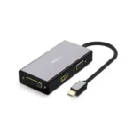 UGREEN 20418 Mini DP to HDMI/VGA/DVI Converter in premium black showing its compact rectangular plastic frame, labeled output ports for HDMI, DVI, and VGA on the sides, and a short integrated cable ending in a gold-plated Mini DisplayPort plug layout