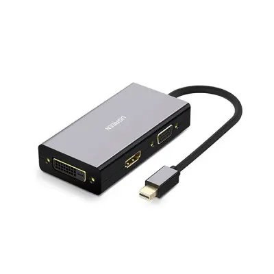 UGREEN 20418 Mini DP to HDMI/VGA/DVI Converter in premium black showing its compact rectangular plastic frame, labeled output ports for HDMI, DVI, and VGA on the sides, and a short integrated cable ending in a gold-plated Mini DisplayPort plug layout