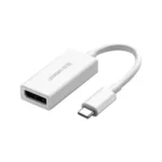 UGREEN 40372 USB-C to DisplayPort Adapter in glossy white finish showing its small rectangular ABS hub body with a female DisplayPort opening, a flexible integrated short white cable, and a male USB Type-C plug termination layout