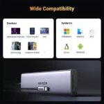 UGREEN 15375 USB-C Hub premium high capacity heavy duty 9-in-1 portable 4K 60Hz HDMI fast charging laptop docking station block showing clean Space Gray aluminum minimalist housing body layout with dual-sided terminal input port slots and attached type-c cord wire view]