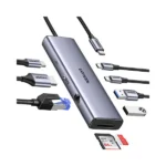 UGREEN 15375 USB-C Hub premium high capacity heavy duty 9-in-1 portable 4K 60Hz HDMI fast charging laptop docking station block showing clean Space Gray aluminum minimalist housing body layout with dual-sided terminal input port slots and attached type-c cord wire view]