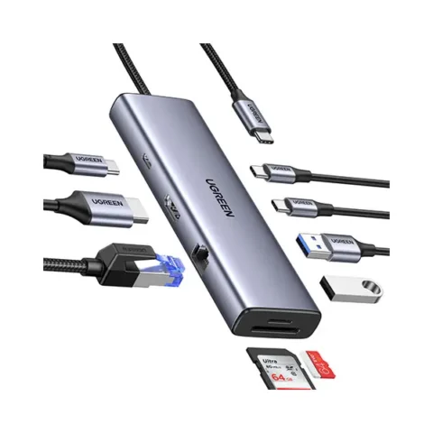 UGREEN 15375 USB-C Hub premium high capacity heavy duty 9-in-1 portable 4K 60Hz HDMI fast charging laptop docking station block showing clean Space Gray aluminum minimalist housing body layout with dual-sided terminal input port slots and attached type-c cord wire view]