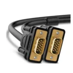 UGREEN 11635 20m VGA Male to Male Cable in Black featuring dual integrated ferrite cores, gold-plated 15-pin HD-15 terminals, and integrated thumbscrews