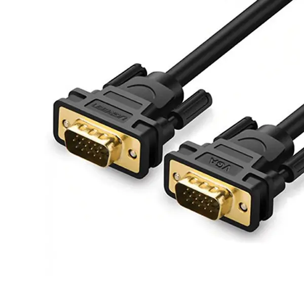 UGREEN 11634 15m VGA Male to Male Cable in Black featuring dual integrated ferrite cores, gold-plated 15-pin terminals, and secure manual thumbscrews