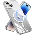 UGREEN LP728 25399 Crystal Transparent Magnetic Protective Case for iPhone 15 Pro Max 6.7-inch Clear back cover showing its built-in white magnetic ring pattern, shockproof TPU bumpers, raised camera lens protective bezel layout, and crystal clear transparent finish on a clean white background
