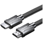 UGREEN 70320 Ultra High-Speed 8K Braided HDMI 1.5m Cable showing its premium round Space Gray double-woven nylon jacket layout, ultra-durable protective zinc alloy connector shells, and gold-plated HDMI Type-A connector pins