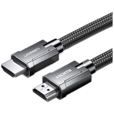 UGREEN 70320 Ultra High-Speed 8K Braided HDMI 1.5m Cable showing its premium round Space Gray double-woven nylon jacket layout, ultra-durable protective zinc alloy connector shells, and gold-plated HDMI Type-A connector pins