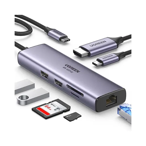 UGREEN 60515 USB-C Hub premium high capacity heavy duty 7-in-1 portable 4K 60Hz HDMI fast charging laptop docking station block showing clean Space Gray aluminum minimalist housing body layout with terminal input port slots and attached braided type-c cord wire view]