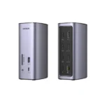 UGREEN 90325 Docking Station Pro premium high capacity heavy duty 12-in-1 desktop 8K HDMI triple 4K monitor fast charging laptop docking station block showing clean Space Gray aluminum vertical tower housing body layout with dual-sided input port slots view]