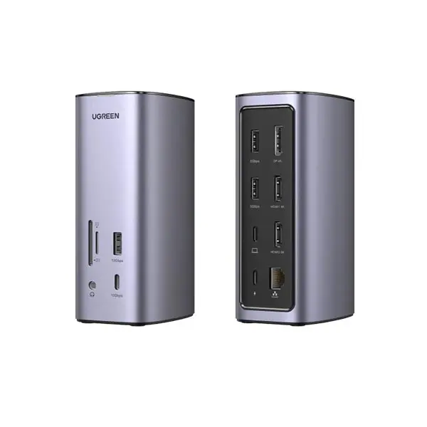 UGREEN 90325 Docking Station Pro premium high capacity heavy duty 12-in-1 desktop 8K HDMI triple 4K monitor fast charging laptop docking station block showing clean Space Gray aluminum vertical tower housing body layout with dual-sided input port slots view]