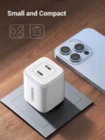 UGREEN 65154 45W Dual USB-C GaN Fast Charger EU showing its compact dark grey body, dual Type-C ports, and molded European round pins on a clean white background