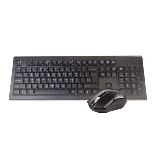 A4TECH 3000N Wireless Bangla Combo showcasing the matte black full-size keyboard with clear Bangla-English key legends next to a compact wireless optical mouse