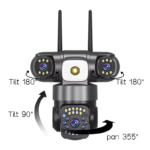 V380 Pro 3 Lens Camera premium high capacity flagship 4G cellular outdoor waterproof night vision PTZ CCTV camera showing clean white industrial plastic structural armor body with dual antenna array printing top dual stationary monitoring lenses and lower rotating motorized panning ball lens matrix arrangement view]
