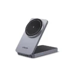 UGREEN 45056 W528 2-in-1 Qi2 Magnetic Wireless Charger Stand in metallic space grey showing its upright unfolded mode with its circular Qi2 magnetic face ready to dock a phone above its earbud charging base area