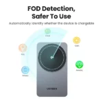 UGREEN 45023 MagFlow W706 2-in-1 Qi2 20W Magnetic Wireless Charger Stand in space grey showing its unfolded tilting metal arm, circular magnetic phone pad, and base charging deck