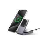 UGREEN 45023 MagFlow W706 2-in-1 Qi2 20W Magnetic Wireless Charger Stand in space grey showing its unfolded tilting metal arm, circular magnetic phone pad, and base charging deck
