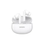UGREEN 45585 HiTune T6s Hybrid Active Noise-Cancelling Earbuds in glossy white finish, positioned neatly next to their sleek matching charging case