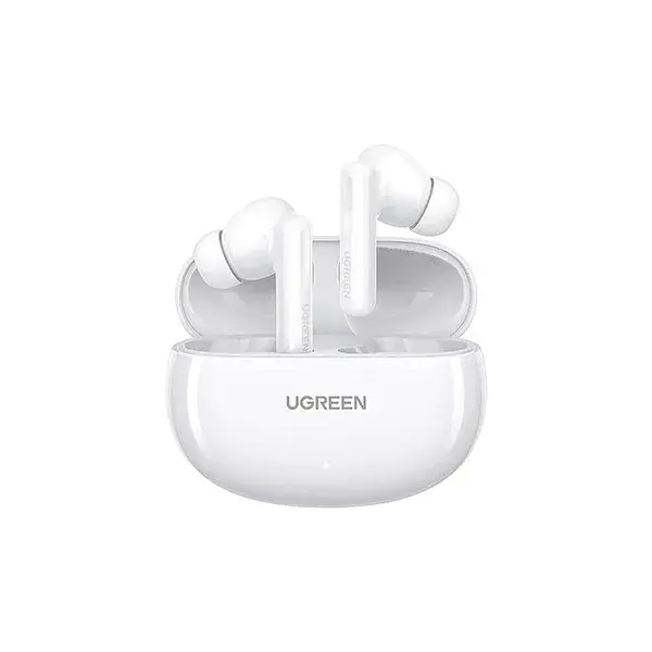 UGREEN 45585 HiTune T6s Hybrid Active Noise-Cancelling Earbuds in glossy white finish, positioned neatly next to their sleek matching charging case