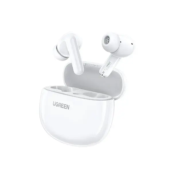 UGREEN 45110 HiTune P3 True Wireless Earbuds in a sleek white glossy finish, arranged beside their compact matching pocket-sized charging case
