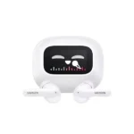 UGREEN 55137 HiTune T6 Magic True Wireless Earbuds in white color, highlighted next to their futuristic charging case that showcases a glowing full-color LCD touchscreen display on its front panel