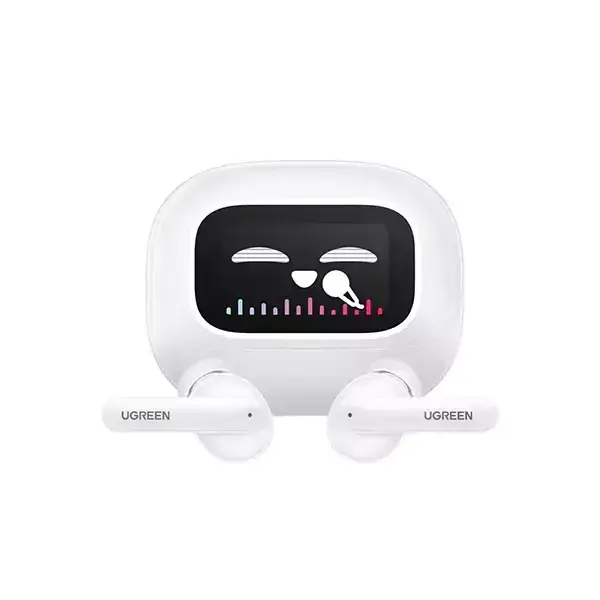 UGREEN 55137 HiTune T6 Magic True Wireless Earbuds in white color, highlighted next to their futuristic charging case that showcases a glowing full-color LCD touchscreen display on its front panel