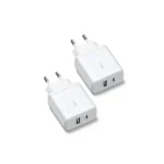 UGREEN 45310 20W 2-Port Fast Charger EU White compact dual port wall adapter showing its USB-C and USB-A interface interfaces, standard European round two pin plug configuration, and premium glossy white fireproof finish layout on a clean white background