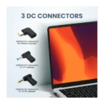 UGREEN X377 35063 67W USB-C PD GaN Universal Power Adapter showing its premium matte black block shape, standard integrated 1.8-meter Type-C cord, three interchangeable yellow and blue laptop barrel tips, and UK 3-pin layout on a clean white background