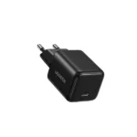 UGREEN X512 55553 20W USB-C GaN Fast Charger EU Black compact wall adapter showing its single Type-C interface port, standard European round two pin plug configuration, and premium matte black fireproof finish layout on a clean white background