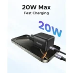 UGREEN X512 55553 20W USB-C GaN Fast Charger EU Black compact wall adapter showing its single Type-C interface port, standard European round two pin plug configuration, and premium matte black fireproof finish layout on a clean white background
