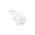 UGREEN X512 55554 20W USB-C GaN Fast Charger EU White compact wall adapter showing its single Type-C interface port, standard European round two pin plug configuration, and premium glossy white fireproof finish layout on a clean white background